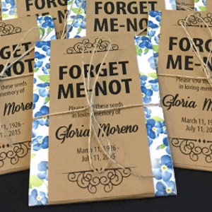 Personalized Memorial Forget-Me-Not Seed Packets with Blue Floral Wrap