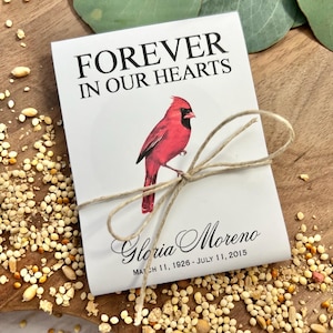Peut inclure: Un paquet blanc avec le texte "FOREVER IN OUR HEARTS" et une illustration de cardinal rouge. Le paquet est nou&eacute; avec de la ficelle et comprend le nom "Gloria Moreno" et les dates "11 mars 1926 - 11 juillet 2015".
