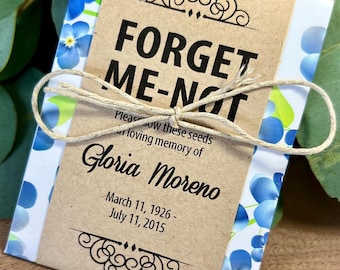 Personalized Memorial Forget-Me-Not Seed Packets with Blue Floral Wrap