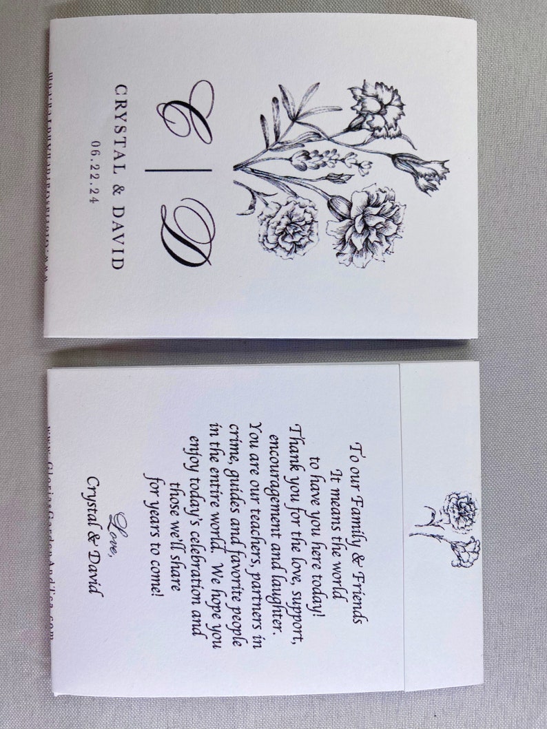 May include: A white wedding invitation with black text and a floral design. The text reads "Crystal & David" and "06.22.24". The invitation includes a message thanking guests for their support and wishing them well.