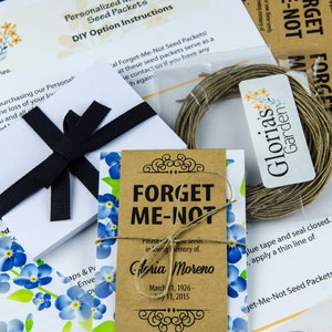 Do-It-Yourself Personalized Memorial Forget-Me-Not Seed Packets with Blue Floral Wrap