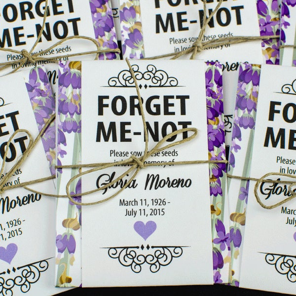 Personalized Memorial Forget-Me-Not Seed Packets in Lavender and Purple