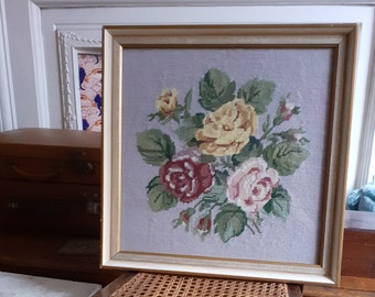 Beautiful vintage needlepoint of yellow, pink and red roses: framed and glazed