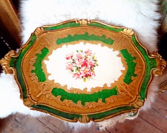 Beautiful vintage Florentine tray with floral centre