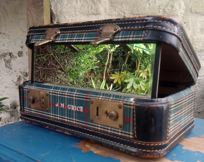Cute vintage vanity case with mirror and old luggage labels, made in Kowloon