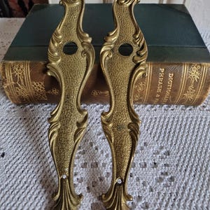 Puede incluir: Dos placas de puerta de latón alargadas a juego con una superficie texturizada y detalles de volutas ornamentadas. Cada placa presenta una abertura circular en la parte superior y un pequeño orificio para tornillo en la parte inferior.