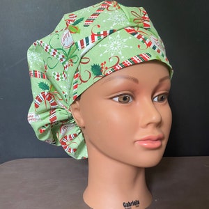 Christmas Candy Cane on Green Bouffant Surgical Hat