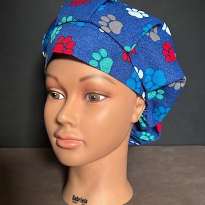 Dog Paw Print Bouffant Surgery Hat on Blue