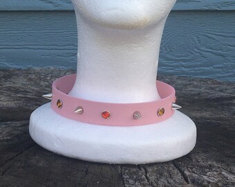 Pink Choker With Spikes And Glass Crystals