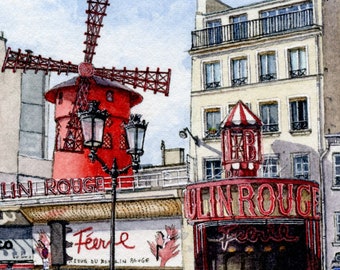 ORIGINAL Miniature Ink and Watercolour Painting - Moulin Rouge, Paris (France)
