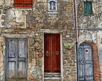 ORIGINAL Ink and Watercolour Painting – The Textures of Tuscany (Pitigliano, Tuscany, Italy)