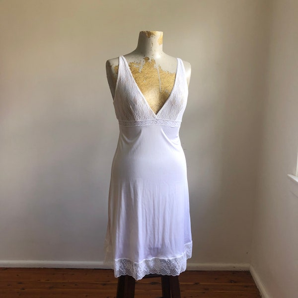 Vintage 80's lace white stretch bust polyester fitted see through grunge slip dress AUS 8 US 4 EU 36
