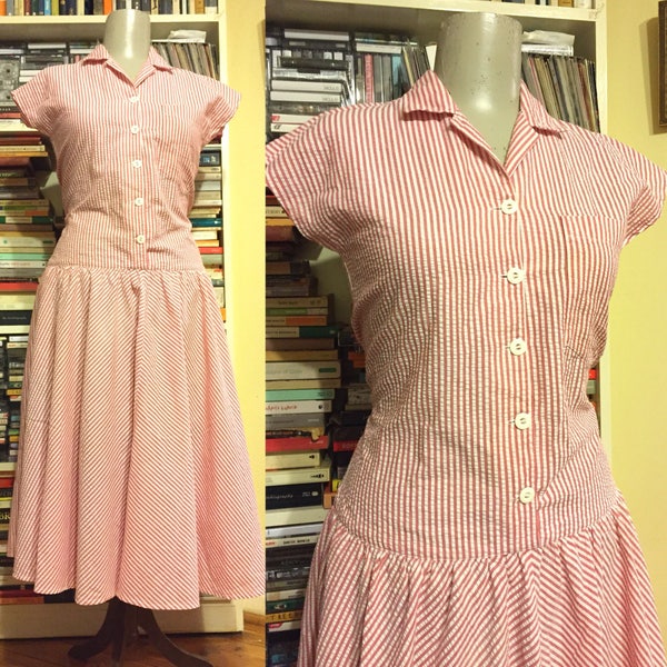 WINTER SALE Candy stripe 1980's drop waist dress size 12 - 14