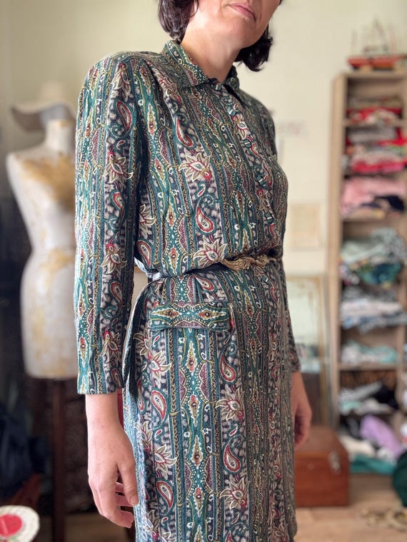 Vintage 80s Paisley Floral Shirt Dress, Green, US 8 Vintage 80s Paisley Floral Shirt Dress, Green, US 8