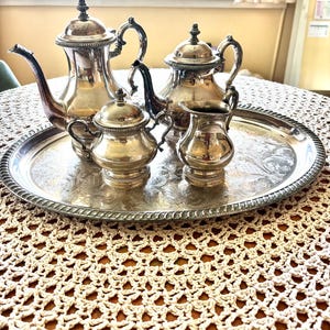 Vintage 50’s genuine silver teapot set including large tray x2 teapots sugar pot and milk jug mid century