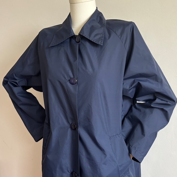 Vintage 90's brit pop navy blue button up nylon light summer festival rain coat AUS 12 US 8 EU 40