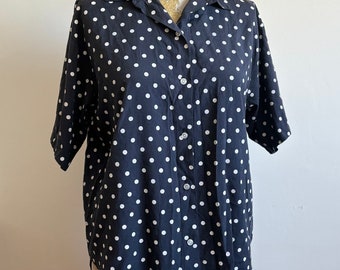 Vintage 80's Australia hula hoop designs polka dot black and white button up shirt blouse AUS 16 US 12 EU 44