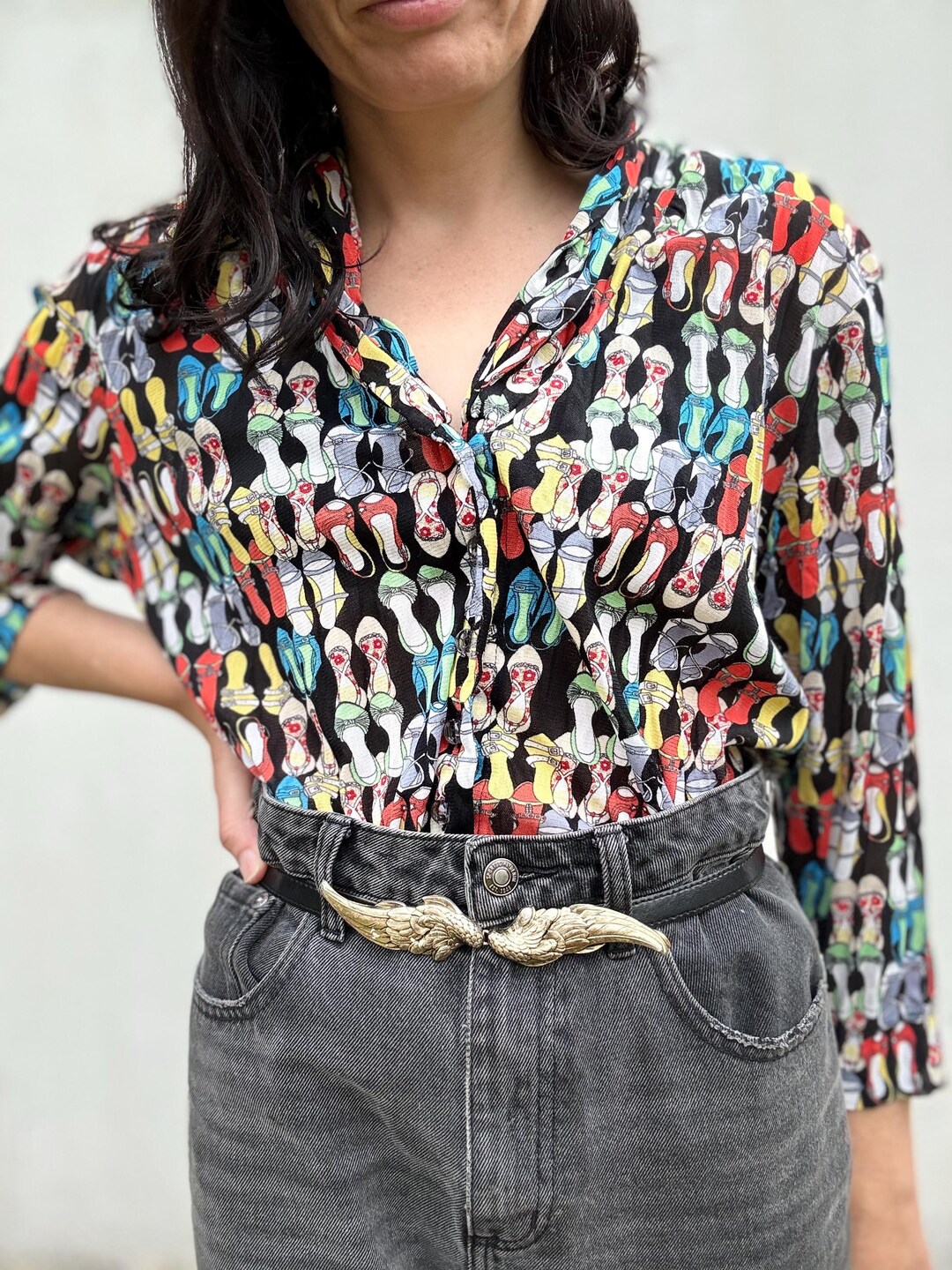 Vintage 00's New Zealand Novelty Print High Heel Shoe Print Button up ...