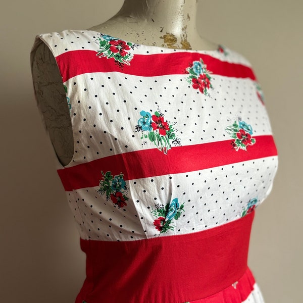 Retro 50's red polka dot floral rockabilly pin up spring summer dress AUS 12 US 8 EU 40