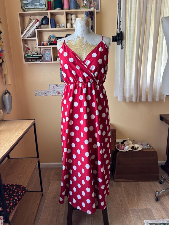 red and white polka dot wrap dress Red Polka Dot Cross Over Bust Spaghetti Straps Maxi Dress AUS 20 US 16 EU  48 Uk 20