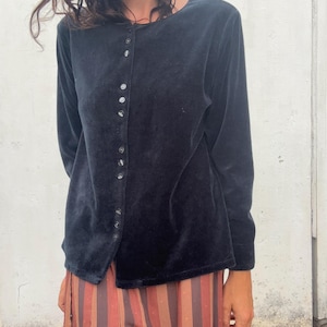 Vintage 90's black velvet button up cotton polyester blouse light jacket cardigan AUS 14 US 10 EU 42 uK 14