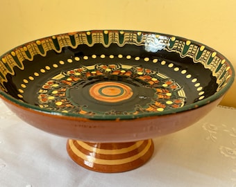 Vintage 60’s terracotta glazed boho abstract pedastal keys bowl fruit bowl