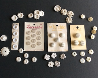 Lot of 54 ASSORTED WHITE BUTTONS Patterned, Rounded, Shirt Buttons, Texturess