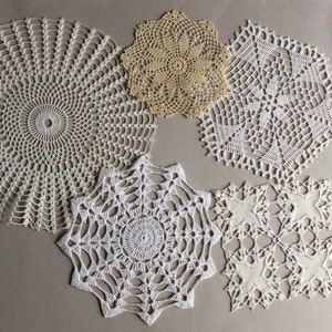 1950s Lot of 5 Doilies White Beige Hand Crocheted 11" - 10"- 9" -7" Varied Shapes Round Square 6-sided Rectangular