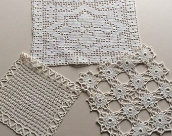 Lot of 3 Crocheted Doilies Square 8.5", 10", Rectangular 9.5" x 13"