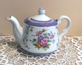 Vintage Miniature Glossy Porcelain Teapot Romantic Floral Roses Gold Trim