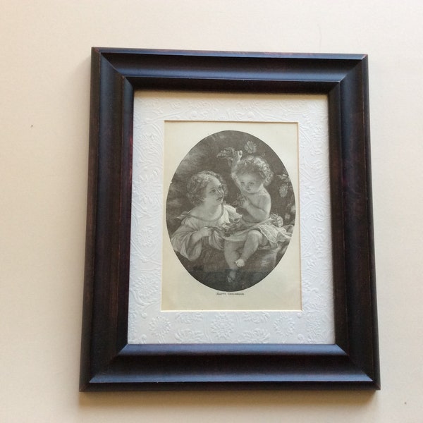 Antique1800s Framed Matted Print HAPPY CHILDHOOD  Two Young Children / 13" x 10.5"