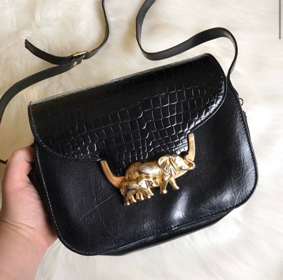 Vtg Crocodile Alligator Gold Purse Black Vegan