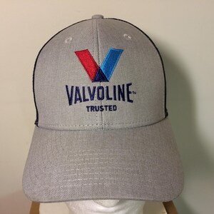 May include: Gray baseball cap with a black mesh back. The front of the cap features a blue, red, and white Valvoline logo with the text "Valvoline" and "Trusted".