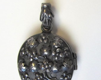 Victorian Revival Silver Locket with Hand Flowers Leaves Vintage Antique sterling design pewter for necklace