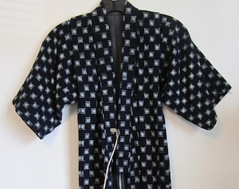 Vintage Japanese Indigo Kasuri Childs Kimono Ikat Robe Antique Cotton Japan natural dye dark blue textile jacket coat