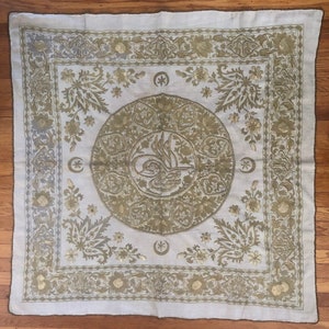 Antique Ottoman Turkish Gold Metallic Embroidered Table Cover embroidery Wall Hanging Textile Flowers Islamic Tughra