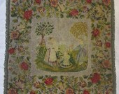 Antique Beaded Needlepoint Embroidered Textile Figural Victorian Pillow Child Dog Pillow glass beads wool bead embroidery