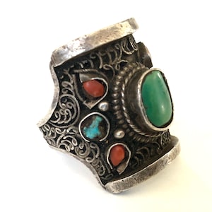 Vintage Antique Tibetan Chinese Silver Coral Turquoise Ring Himalayan Saddle Ring adjustable sterling silver