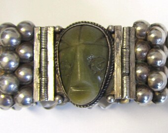Vintage Mexican Silver Masks Bracelet Large Sterling Heavy Carved Jade color stone faces panel link