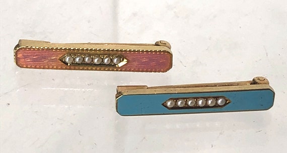 Antique 14K Gold Pearl Enamel Lingerie Bar Pins 3… - image 3
