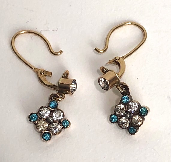 Antique Victorian 14K Gold Earrings Turquoise Aqua Blue Clear Glass Paste  Stones Sleeper Dormeuse