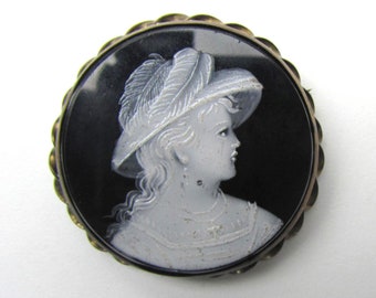 Antique Victorian Cameo Pin Grisaille white Enamel black onyx glass rose gold plate brooch female figure Feather Hat