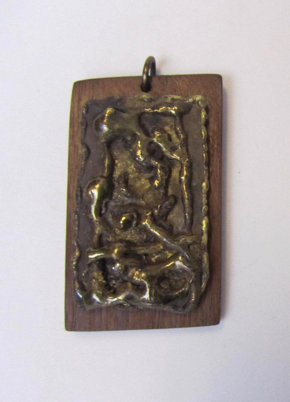 Vintage Brutalist Brass Wood Pendant Abstract Sign