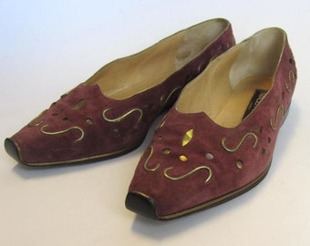 Vintage Maud Frizon Shoes size 37 or 7 Suede Paris Italy Hermes Metallic Leather European flats rose pink original box