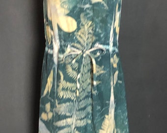 Ecoprint Silk Dress Vintage Saks Fifth Avenue upcycled Hand Dyed Women’s size 8 sleeveless Drawstring Natural Dye Fern Rose Garden Botanical