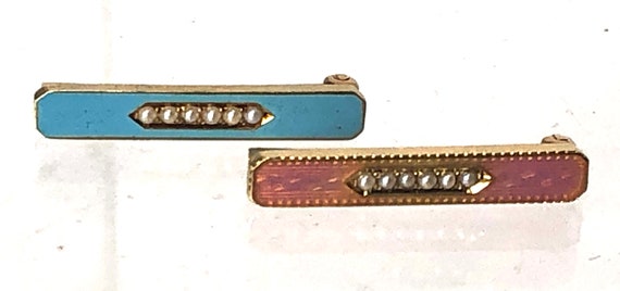 Antique 14K Gold Pearl Enamel Lingerie Bar Pins 3… - image 1
