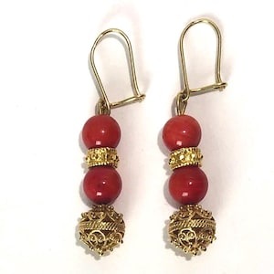 Vintage 14K Gold Coral Earrings Croatia Traditional hand crafted Croatian 8 mm Mediterranean coral 9 mm yellow gold filigree beads 7.67g