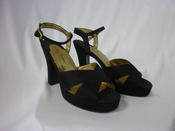 1940's Style Black Satin Platform Ankle Strap Shoe