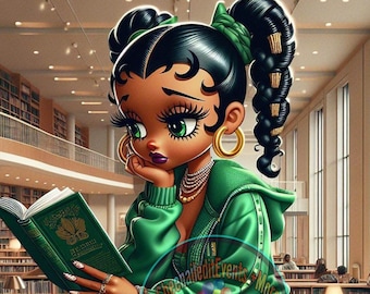 boop, Black Betty Boop, gift  green, library, black art, wall art, reading, black cartoons, black woman, jpeg ,wall art png, black history