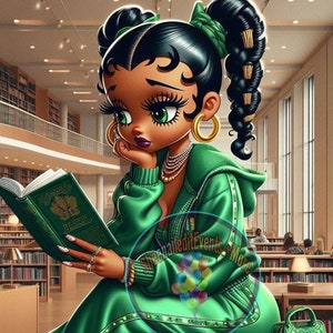 boop, Black Betty Boop, gift  green, library, black art, wall art, reading, black cartoons, black woman, jpeg ,wall art png, black history